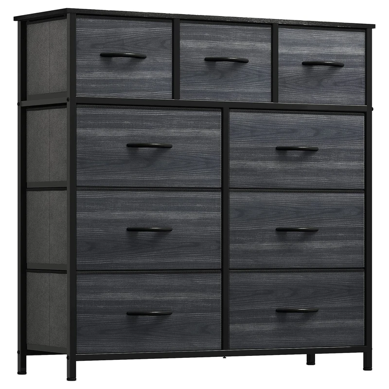 YITAHOME Chest of Drawer with 9 Drawers for Bedroom Fabric Dresser Storage Drawers With Handles Metal Frame for Living Room, Hallway,Charcoal Black Wood Grain