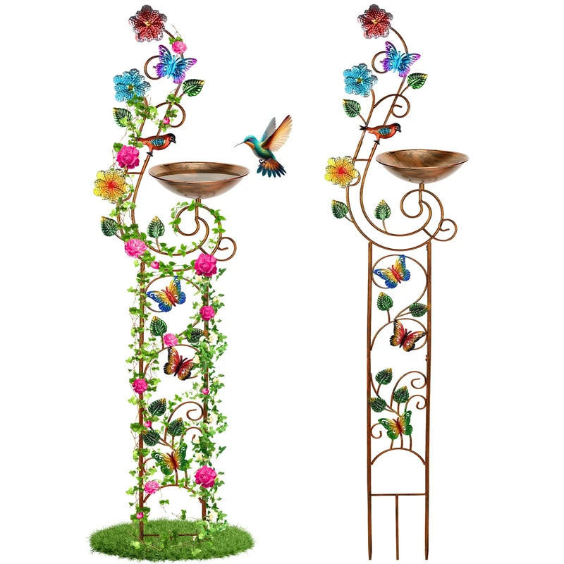 YADOOLIFE 57” Bird Bath with Garden Trellis for Climbing Plants Outdoor, Small Decorative Metal Birdbath Bird Baths, Butterfly (Butterfly)
