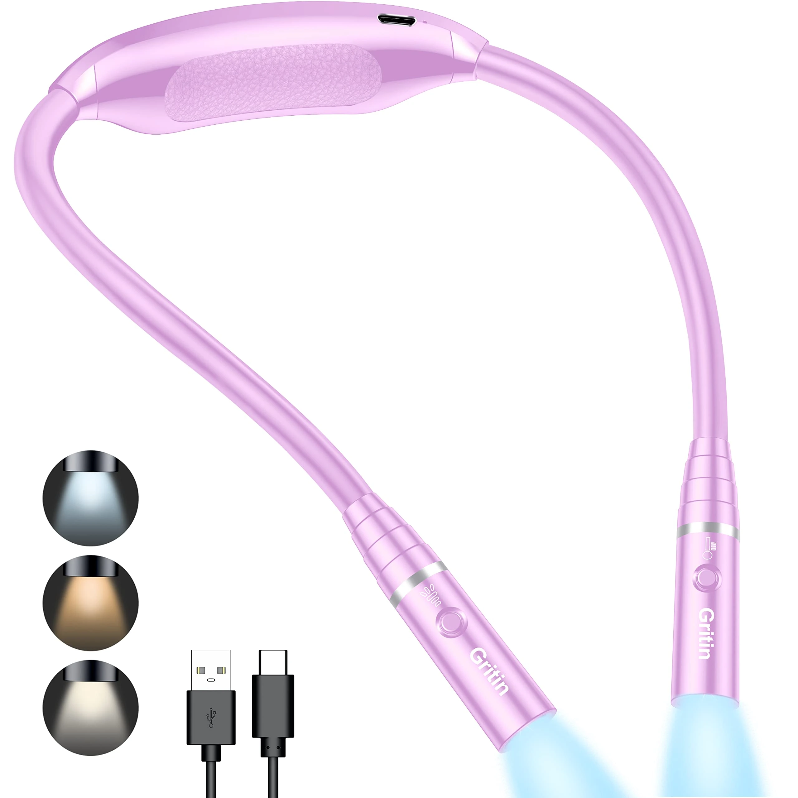 Gritin Neck Reading Light Rechargeable, Book Light Lamp for Reading in Bed, 3 Colors Eye-Protecting Modes, USB C Rechargeable, 80+ Hrs Runtime,Comfortable & Flexible Ergonomic Neck Round Design-Purple