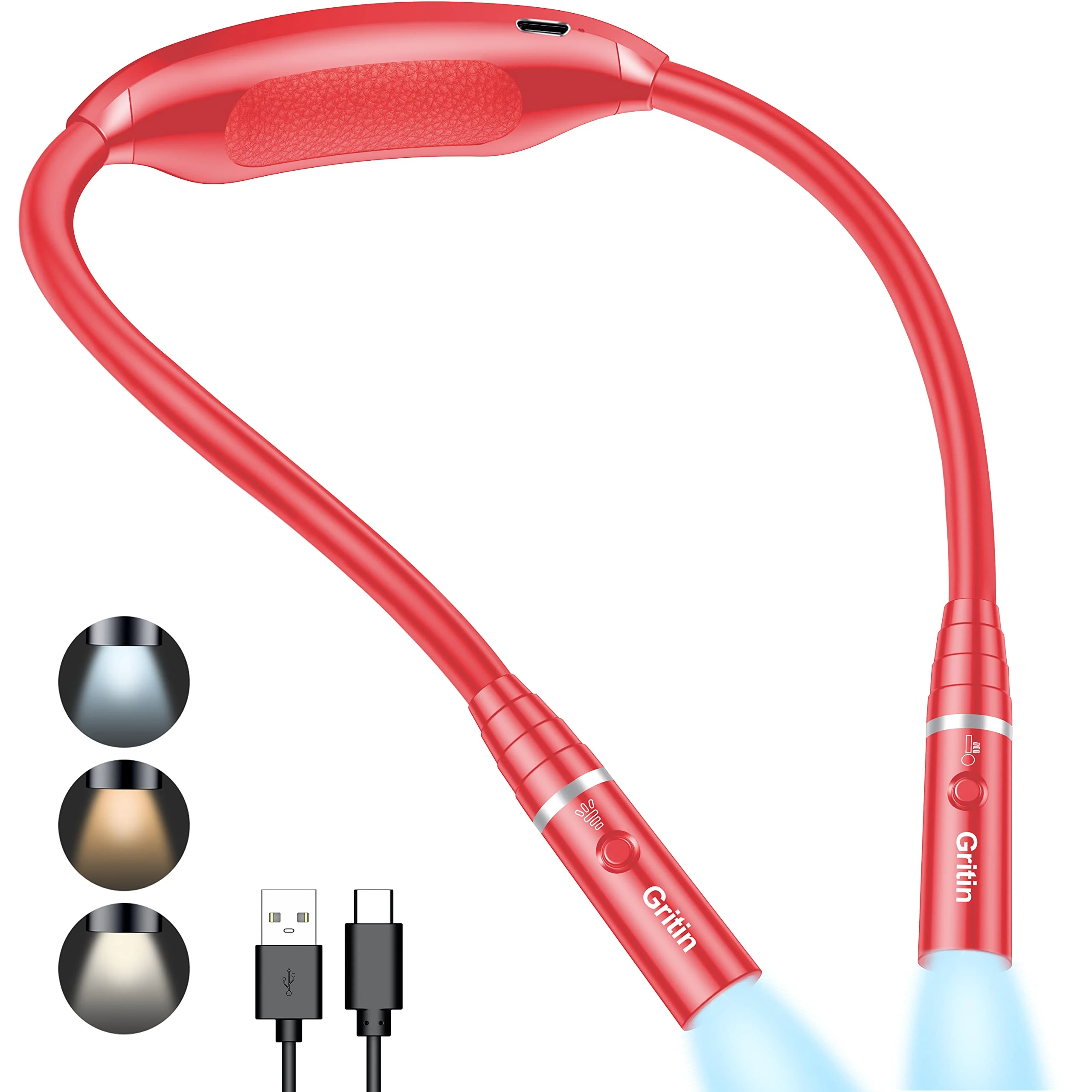 Gritin Neck Reading Light Rechargeable, Book Light Lamp for Reading in Bed, 3 Colors Eye-Protecting Modes, USB C Rechargeable, 80+ Hrs Runtime, Comfortable & Flexible Ergonomic Neck Round Design-Red