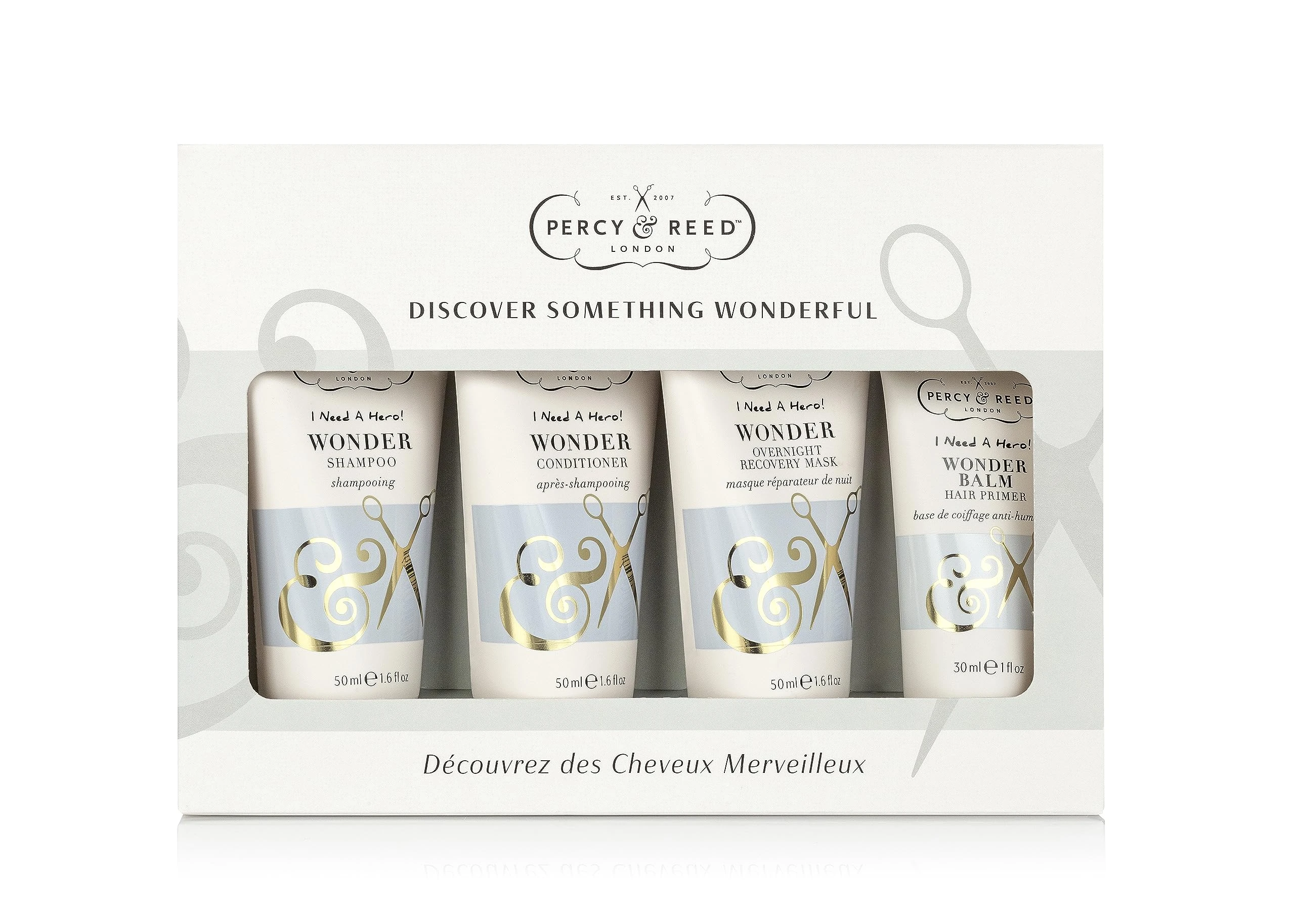 Percy & Reed I Need A Hero! Discover Something Wonderful Gift Set - Complete Hair Care Gift Set 4-In-1 - Includes Wonder Range Shampoo, Conditioner, Hair Balm, Overnight Recovery - Great Gift for Her