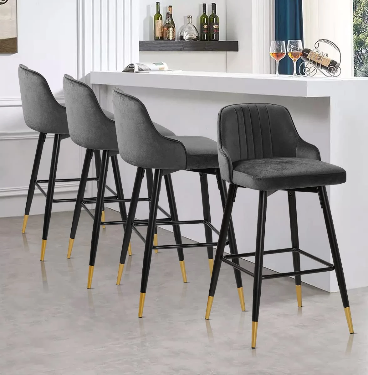 Bekrvio Swivel Bar Stools Set of 4, 65CM Velvet breakfast Barstools with backs, Upholstered kitchen Stools with Metal Frame for Kitchen Counter Dining Room Patio, Support 150kg