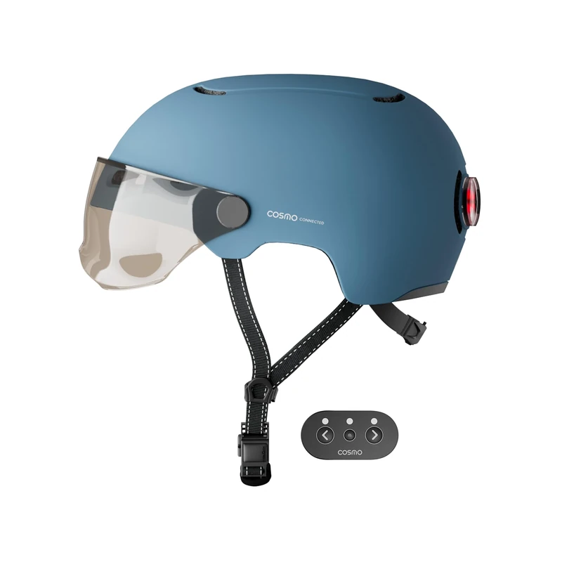 Cosmo Connected - Cosmo Fusion - Smart Helmet for Bikes & Scooters with Visor, Adult Size - Blinkers, Automatic Brake Light, Ride Sharing, Fall Detection - Matte Blue