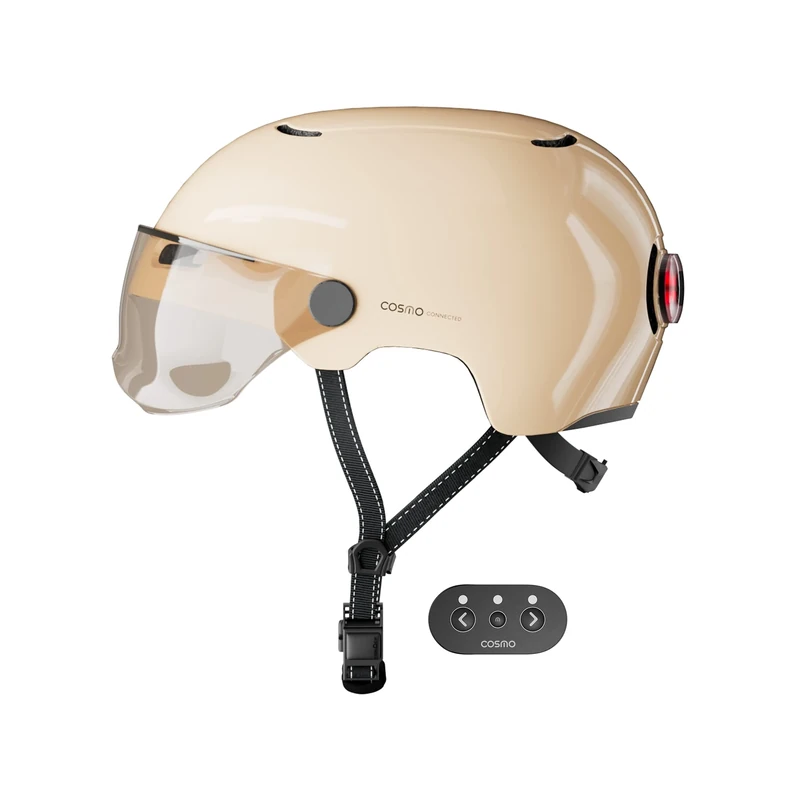 Cosmo Connected - Cosmo Fusion - Smart Helmet for Bikes & Scooters with Visor, Adult Size - Blinkers, Automatic Brake Light, Ride Sharing, Fall Detection - Shiny Sand