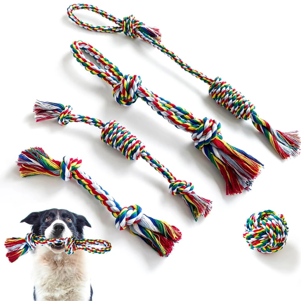 VAKOWOO 5 Pack Dog Rope Toys For Large Medium Dogs, Indestructible Dog Toys for Aggressive Chewers, Dog Chew Toys Natural Cotton Knot for Tug of War & Teeth Cleaning