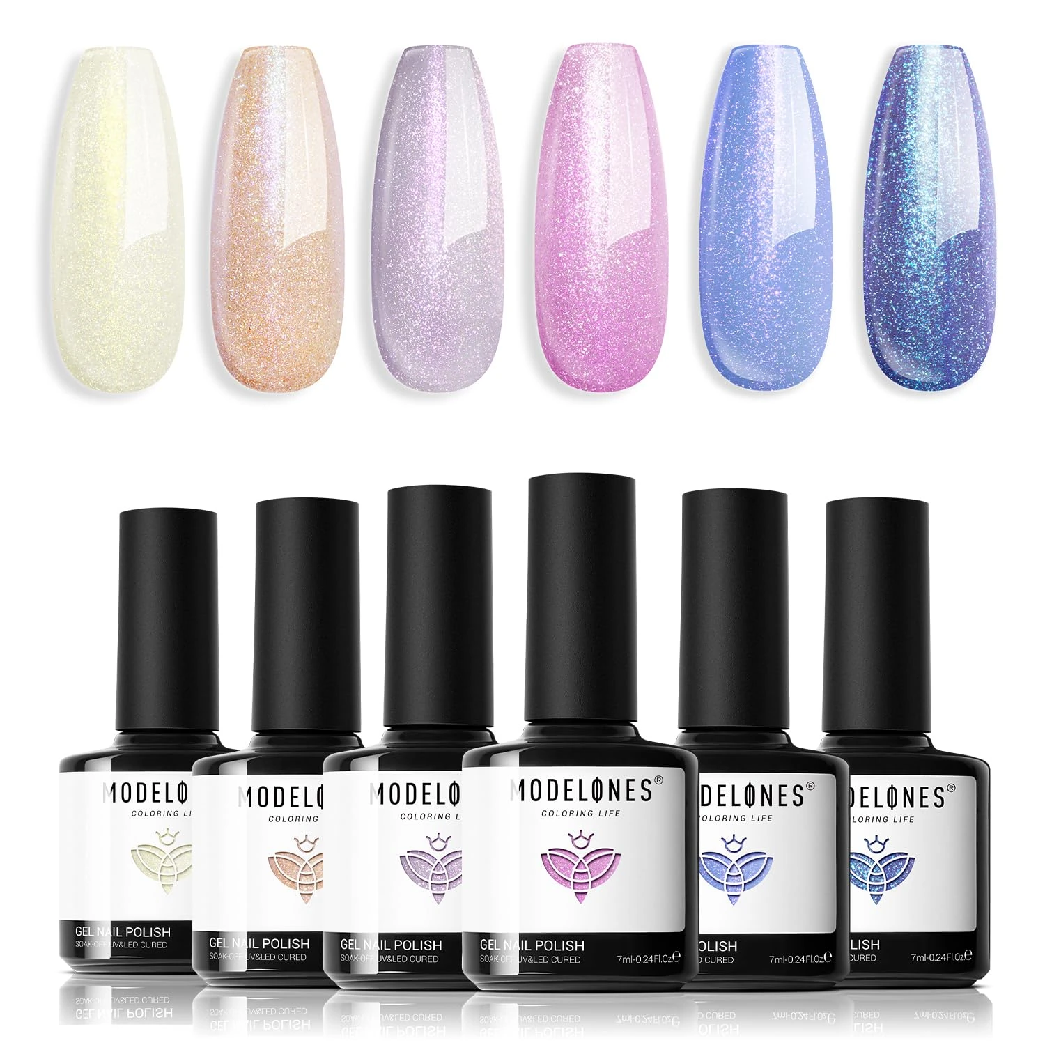 modelones 6 Colors Pearl Gel Nail Polish Set in White Pink Peach Purple Blue Violet, Holographic Finishes - Long-lasting Glitter Shimmer Gel Polish