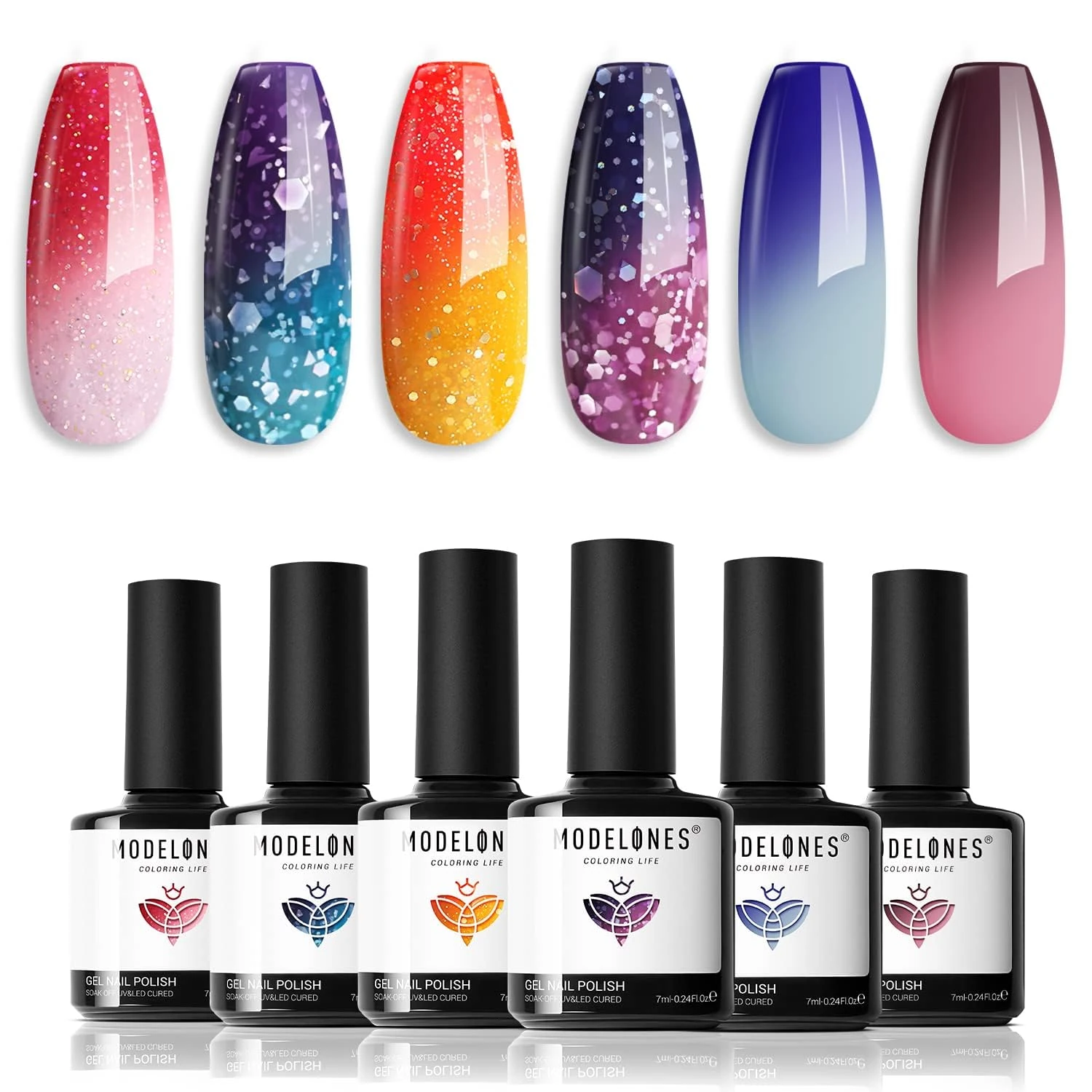 Modelones Color Changing Gel Nail Polish, 6 Colors Pink Glitter Blue Purple Temperature Change Nail Polish Gel Set Soak Off Neon Nail Art DIY Salon Manicure Holiday Gifts
