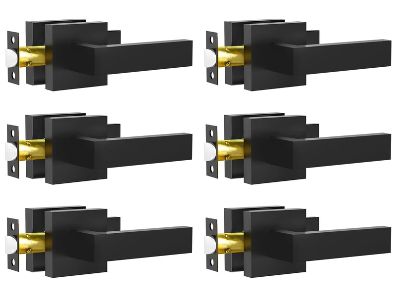 RAZCC Passage Door Lever, 6 Pack Matte Black Interior Door Handles for Hallway and Closet, Heavy Duty Square Interior Keyless Door Handles Non-Locking Door Knobs for Right & Left Side Door
