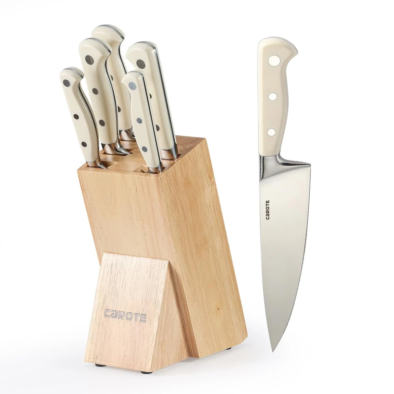 CAROTE 6 Pieces Knife Set with Wooden Block High Carbon Stainless Steel Knives Dishwasher Safe with Sharp Blade Ergonomic Handle Forged Triple Rivet-Pearl White
