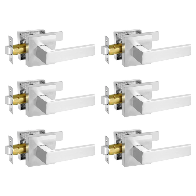 RAZCC Square Passage Door Lever, Heavy Duty Interior Door Handles for Hallway& Closet Non-Locking Door Knob in Satin Nickel Keyless Door Lockset for Right & Left Side Door, 6 Pack