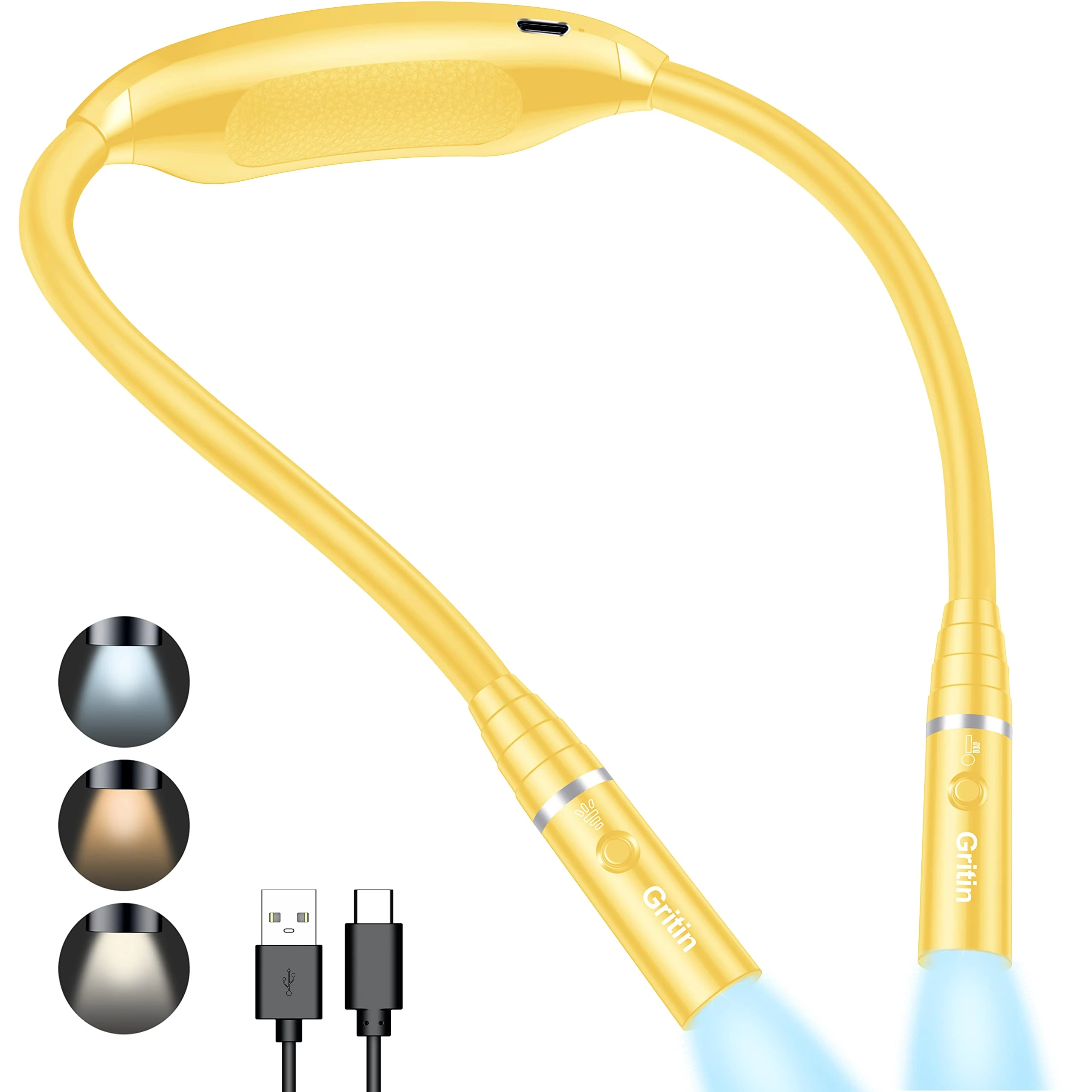 Gritin Neck Reading Light Rechargeable, Book Light Lamp for Reading in Bed, 3 Colors Eye-Protecting Modes, USB C Rechargeable, 80+ Hrs Runtime,Comfortable & Flexible Ergonomic Neck Round Design-Yellow