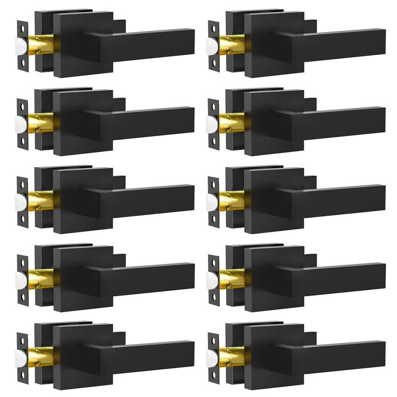 RAZCC 10 Pack Matte Black Square Interior Keyless Door Lever, Heavy Duty Zinc Alloy, Ambidextrous, Modern Style, Easy to Install, Non-Locking, Fits Standard Door Sizes