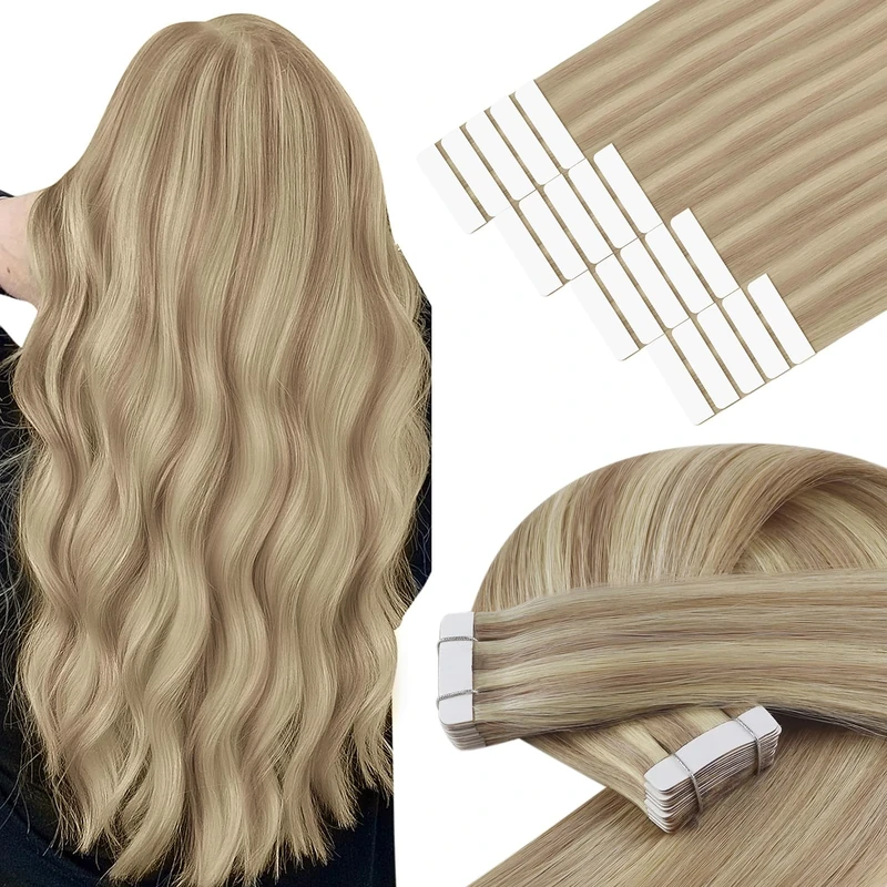 YoungSee Human Hair Tape in Extensions Highlight Seamless Tape Extensions Golden Blonde Highlight Blonde Long Straight Hair for Women24 Inch 20pcs 50g