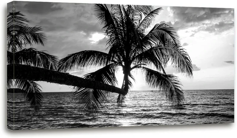 Black and White Palm Tree Canvas Wall Art -Black White Ocean Nature Print -Modern Nature Picture Painting Artwork Framed for Bathroom Living Room Office Wall Decor