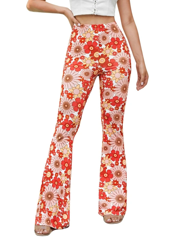EVELUST 70s Flare Pants for Women - Rave Festival Outfit High Waist Bell Bottom Boho Cute Groovy Disco Trousers, Red Daisy, XS