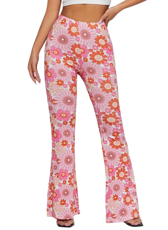 EVELUST 70s Flare Pants for Women - Fancy Dress Costume Adult Rave Festival Outfits Wide Leg Leggings High Waist Hippie Bell Bottom Disco Costume Yoga Trousers (Pink, S, 10501w)