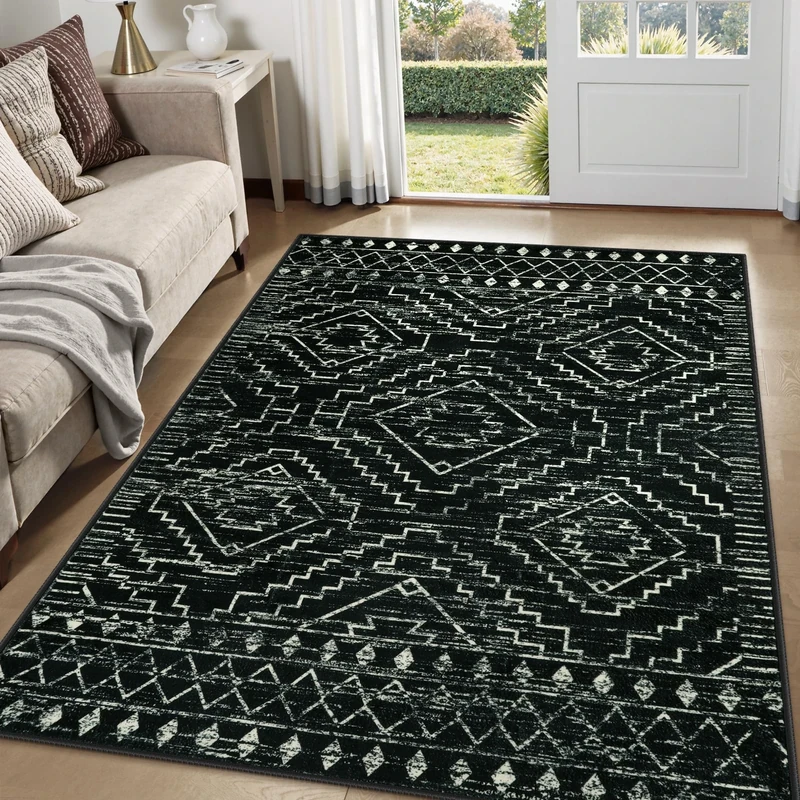 Wonnitar Moroccan Washable Area Rug 5x7, Black Large Rug for Living Room, Non-Slip Boho Bedroom Throw Mat, Low Pile Stain Resistant Geometric Floor Carpet for Dining Table Kitchen Dorm (Black,5'x7')