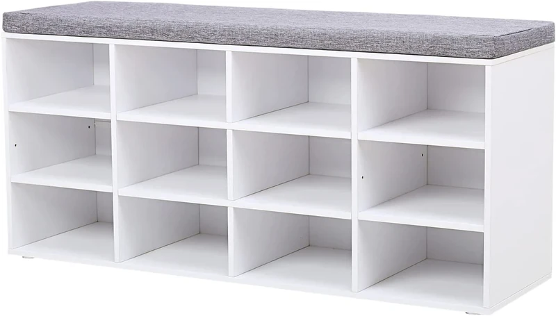 VASAGLE Shoe Bench, Storage Bench with Padded Seat, with Cushion, 12 Compartments, Adjustable Shelves, for Living Room, Hallway, 30.3 x 104 x 48 cm, Cloud White LHS012W14