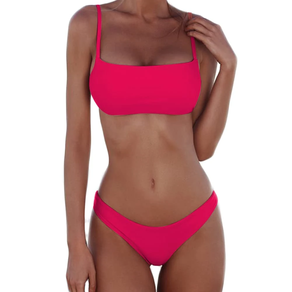meioro Bikini Set Swimsuits for Women Low Waist Thong Swimwear Bathing Suits No Rims Swimming Costume (S,Bright Pink)