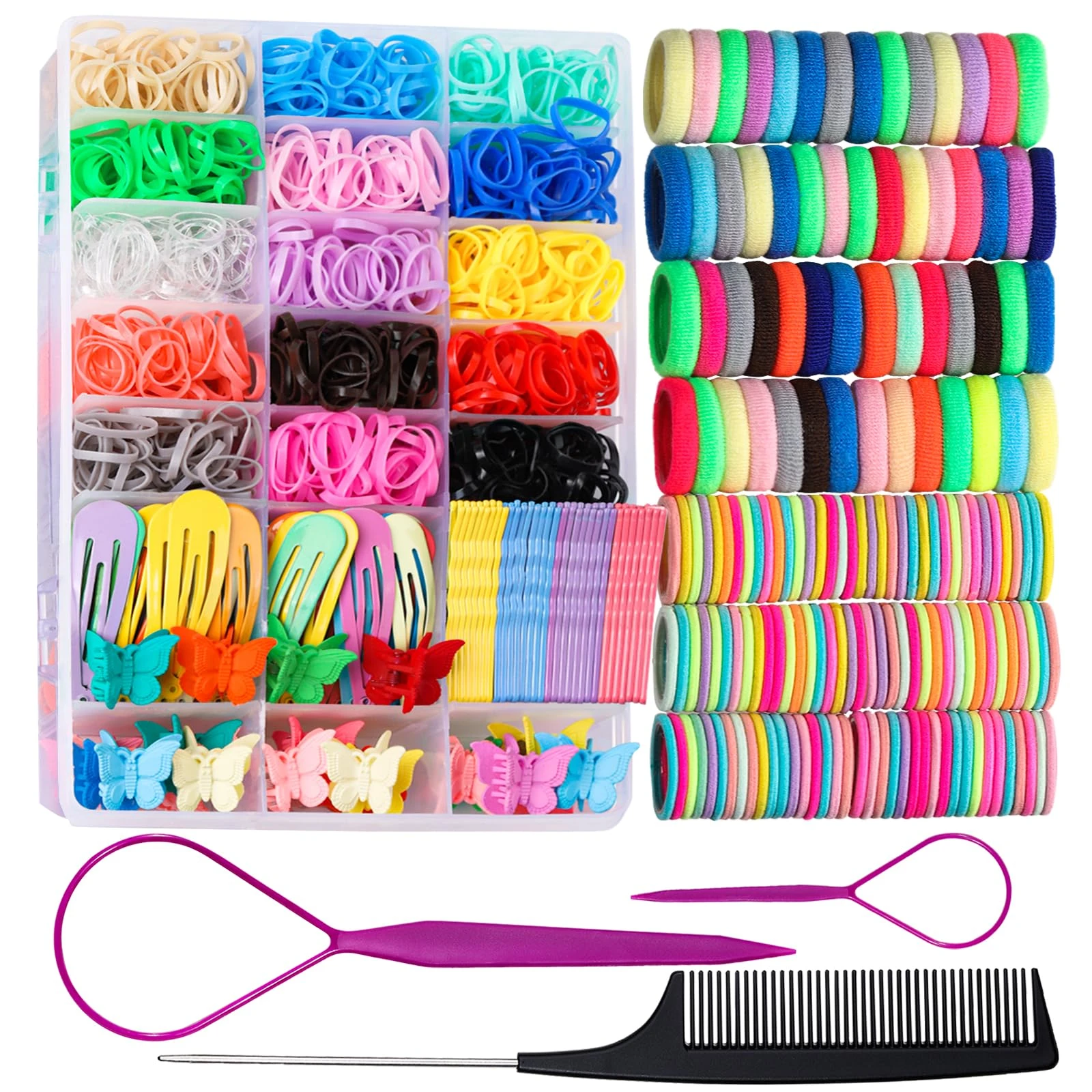 Elastic Hair Bands Hair Ties for Little Girls, Teenitor Hair Rubber Bands with Tail Hair Tools, Snap Hair Clips, Baby Hair Bobbles for Girls, Pin Tail Comb, Hair Accessories for Kids, Thin Hair Bands