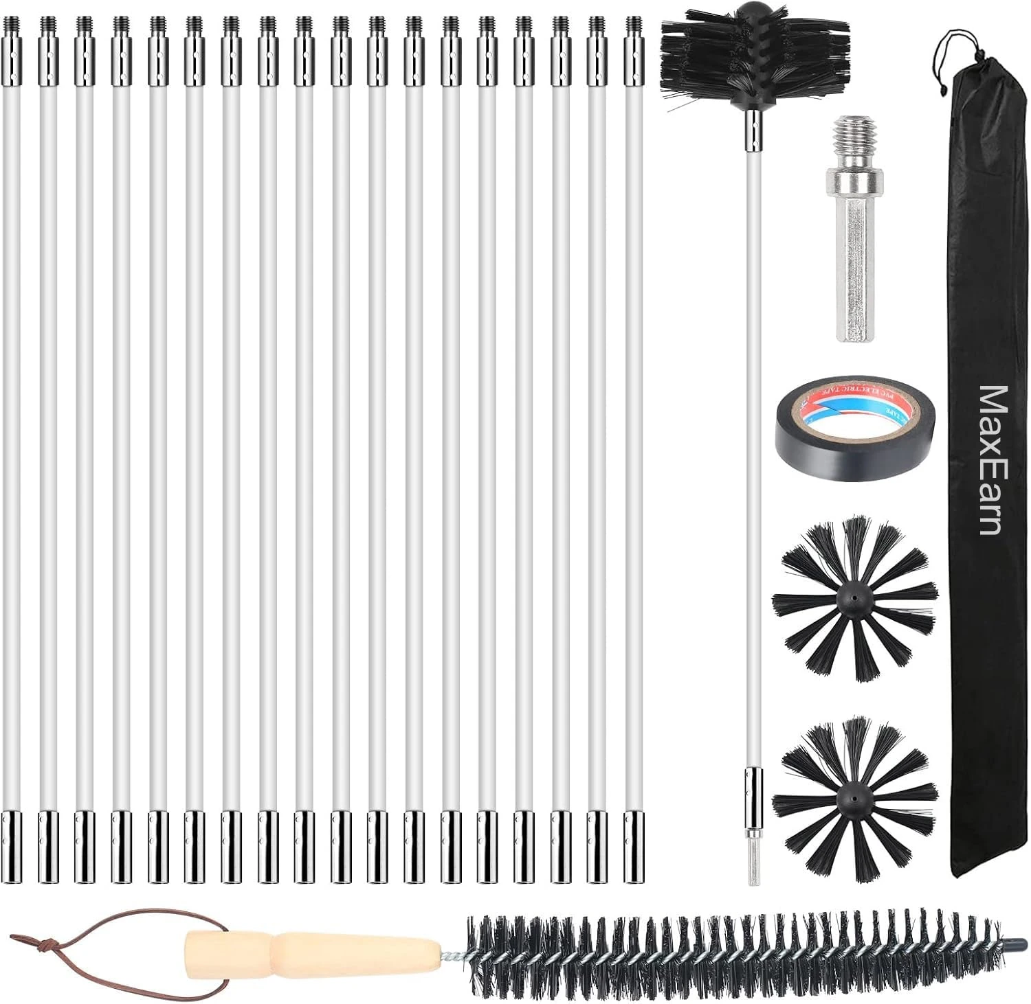 MaxEarn 24Pcs Chimney Cleaning Brush Kit, Chimney Sweep Kit with 18 Flexible Nylon Rods+ 6" Brush Head+ Wood Long Brushes+ Storage Bag, Duct Vent Cleaning Set for Flue Fireplace Sewage Pipe Fume Hood