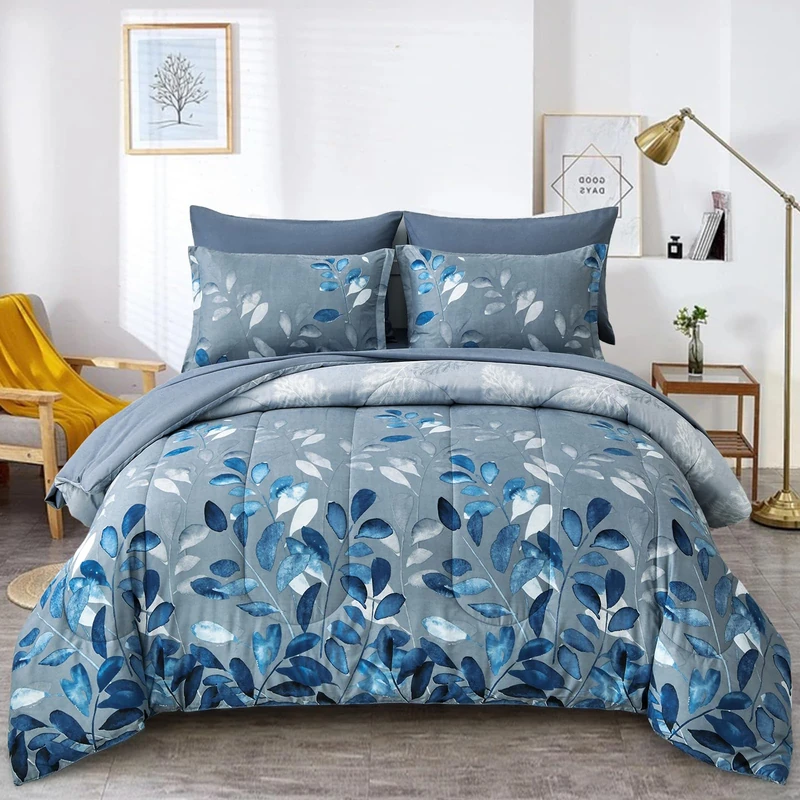 7 Piece Blue Botanical Bed in a Bag King Floral Comforter Set - Elegant Gradient Leaves Bedding Set for All Season (1 Comforter, 2 Pillow Shams, 2 Pillowcases, 1 Flat Sheet, 1 Fitted Sheet)