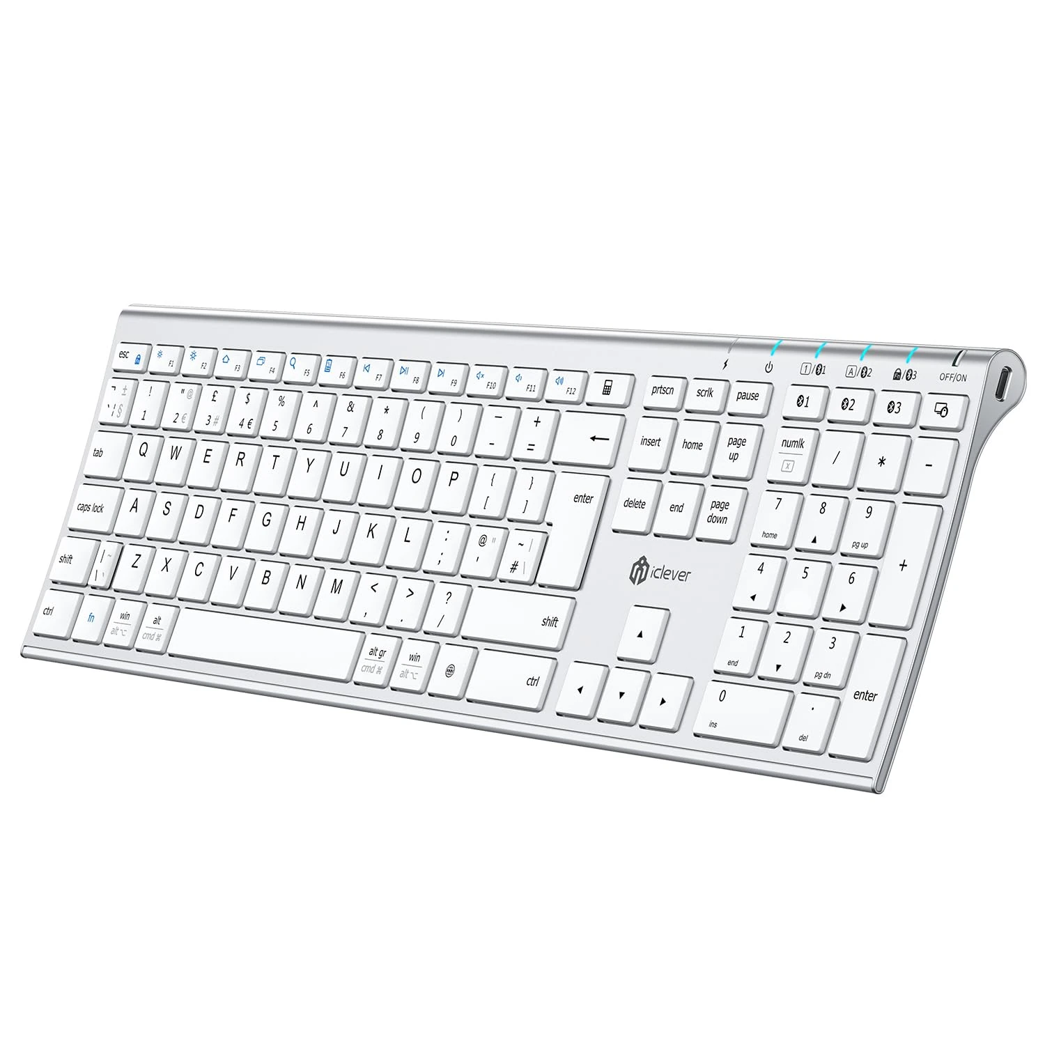 iClever Bluetooth Keyboard, USB-C Rechargeable Wireless Keyboard, Multi-Device Full Size with Numeric Keypad for Mac, Bluetooth 5.1 up to 3 Devices, QWERTY UK Layout, for Laptop/Mac/iMac/Computer/PC