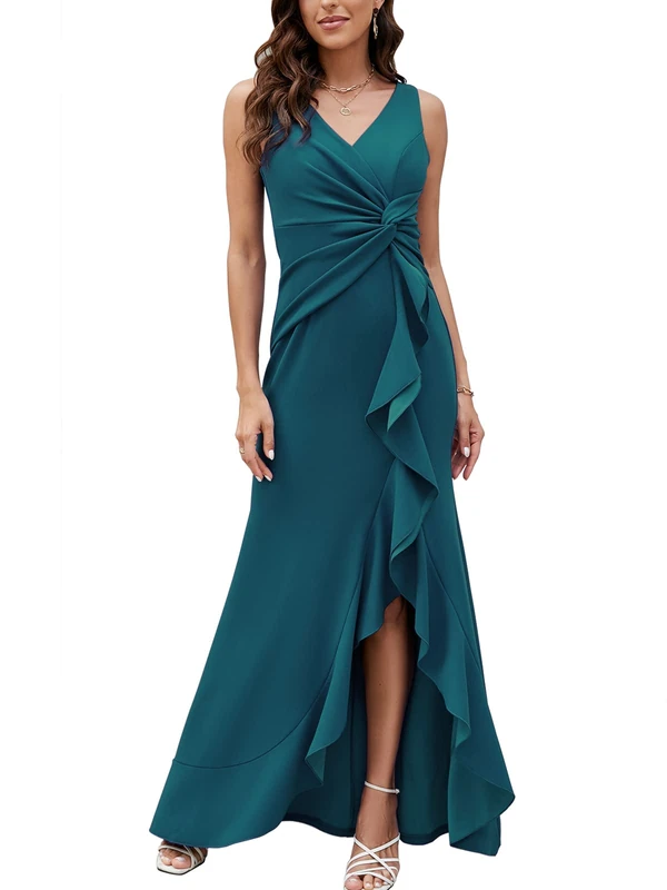 FQA Long Black Evening Gowns for Women Formal Dresses for Women Evening Party Elegant V Neck Sleeveless Split Wrap, Peacock Blue, M - Image 1
