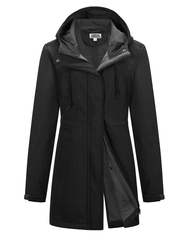 Outdoor Ventures Softshell Jacket Ladies Rain Jacket Functional Rain Coat Windbreaker Waterproof Hiking Jacket Breathable Outdoor Jacket with Hood for Spring Fall Winter Black-Plaid 2XL