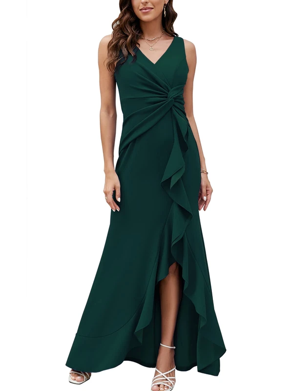 FQA Women's Dark Green Formal Dress, M, Floor Length, Mermaid, V-Neck, Sleeveless, Wrap, Maxi, Wedding Guest Dress
