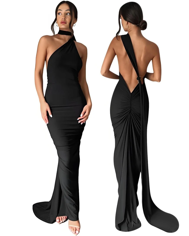 Suillty Women's Sexy Oblique Shoulder Backless Maxi Dress Ruched Back Strap Sleeveless Party Club Long Dresses Bodycon, Black, S