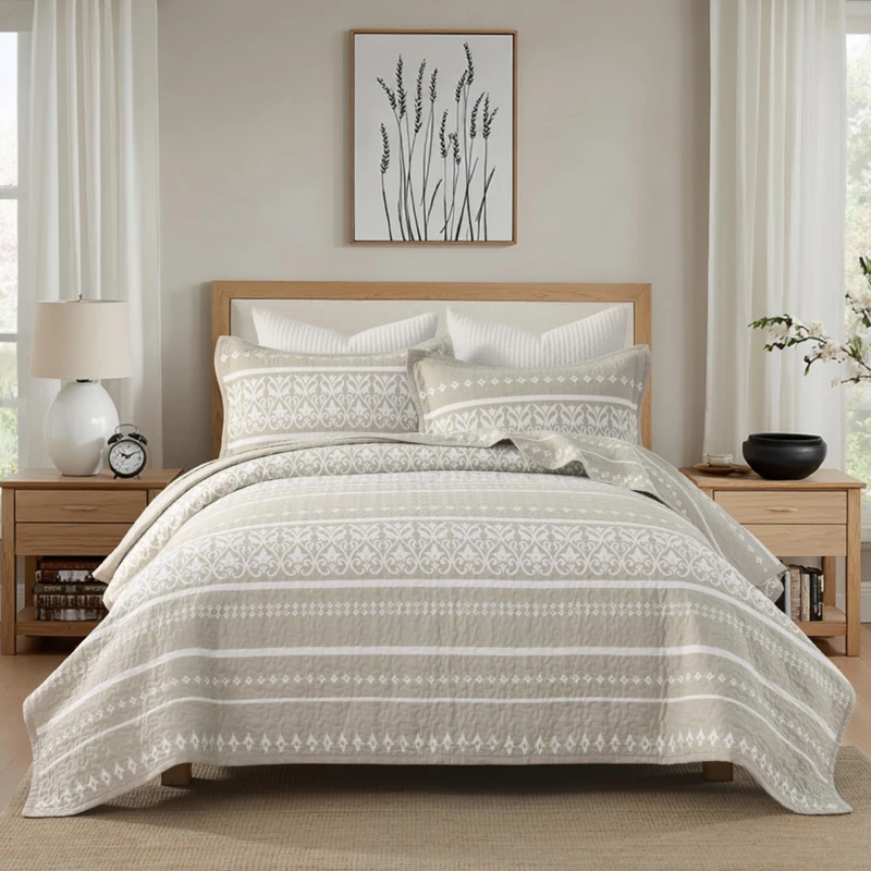 BCOTTOND Queen Quilt Set, 100% Cotton Boho Quilt Queen Size Bohemian Striped Pattern Bedspread Queen Lightweight Quilt Bedding Set Comforter Set All Season, 3 Pieces, Beige Grey