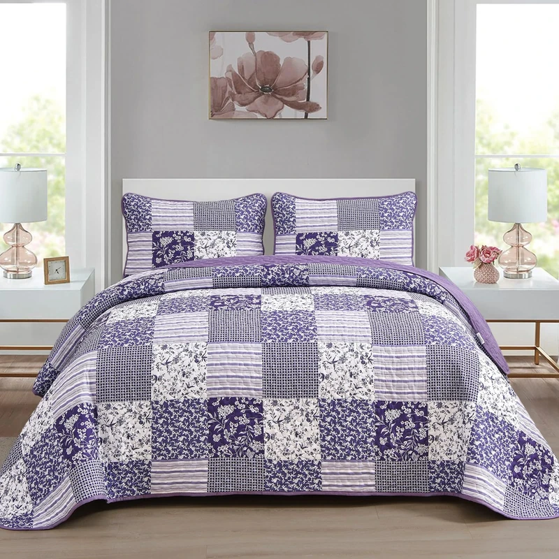 Mybedsoul Purple Quilt Set Queen Size,3 Pieces Boho Floral Plaid Bedspread Coverlet Set for All Season,Patchwork Reversible Bedding Set Queen 90"x96"