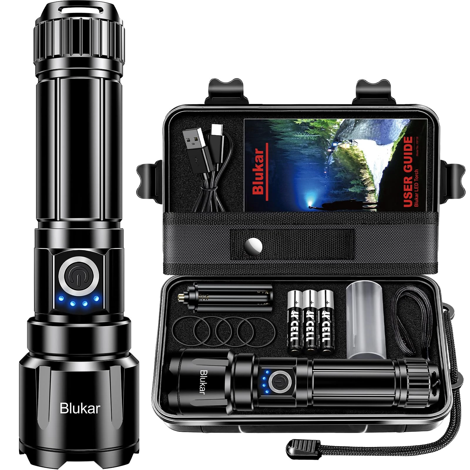 Blukar LED Torch Rechargeable, Ultra High Lumens Super Bright Torches - Adjustable Focus,5 Modes,5000 mAh Long Lasting,IP67 Waterproof,Powerful Handheld Flashlight for Camping,Hiking,Emergency-Black