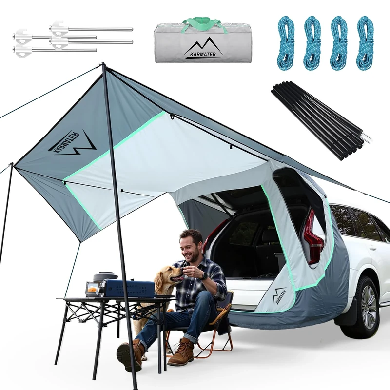 Poles Included SUV Tailgate Tent with Three Sides Awning Shade & Transmittance Mosquito Net, Hatchback Camping Sunproof Car Tent, Universal SUV Windproof Car Camping Gear Tent Outdoor Travel.