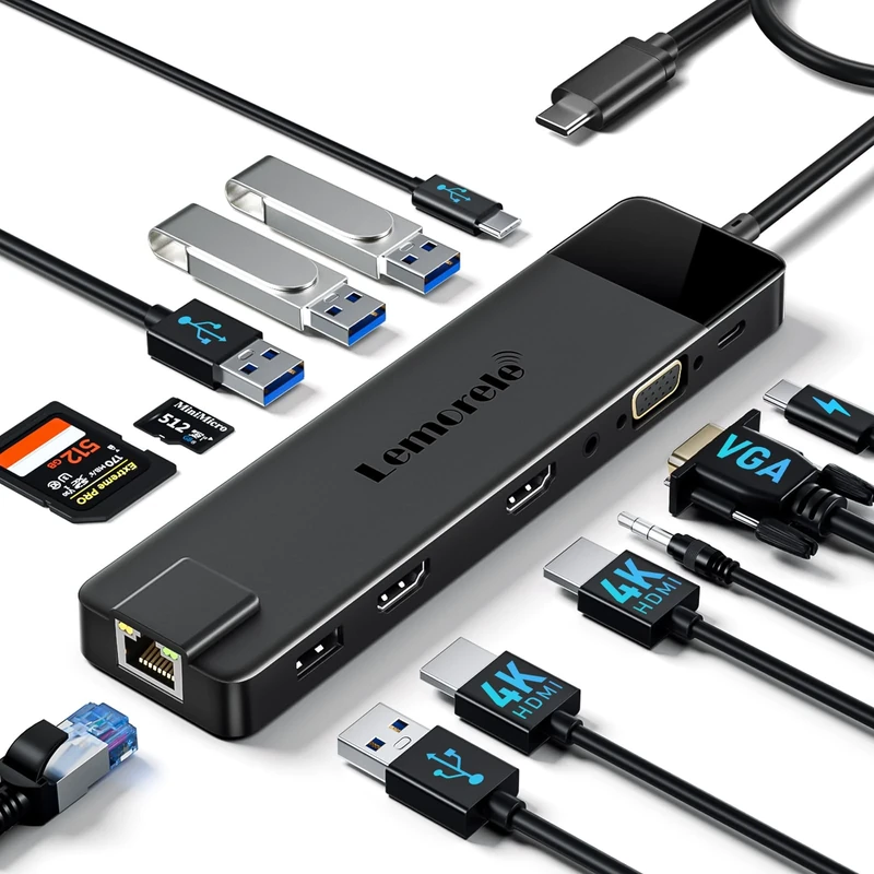 Upgrade Lemorele 13 in 1 Docking Station, 3*Display USB C Hub Adapter to 2 HDMI 4K,VGA,Gigabit Ethernet,2 USB 3.0& 2.0, USB C 3.0 Data,100W PD,3.5mm Audio for Lenovo,Surface,MacBook Laptop