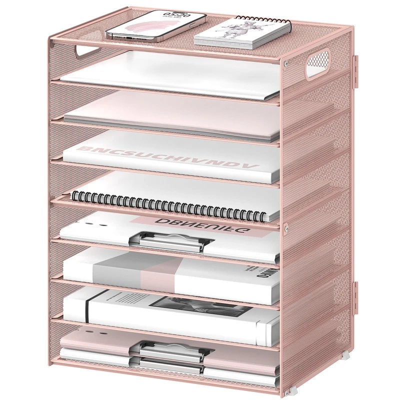 9-Tier Paper Organizer for Desk, Metal Mesh Letter Tray with Handles, Pink