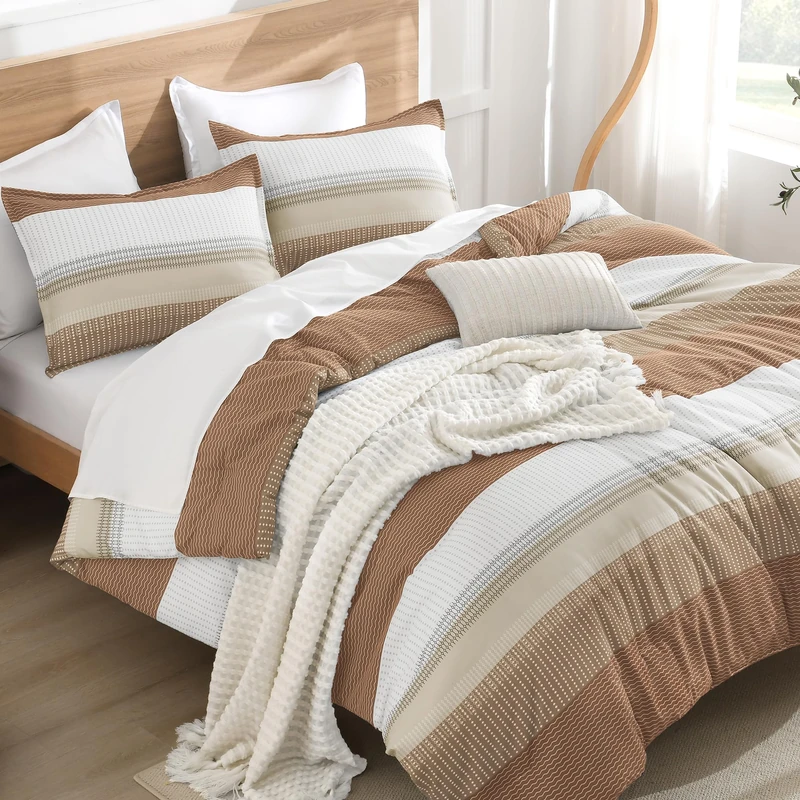 Litanika Queen Comforter Set Beige - 3 Pieces Lightweight Taupe Khaki White Colorblock Stripe Fluffy Bedroom Bedding Comforter Sets, All Season Bed Set
