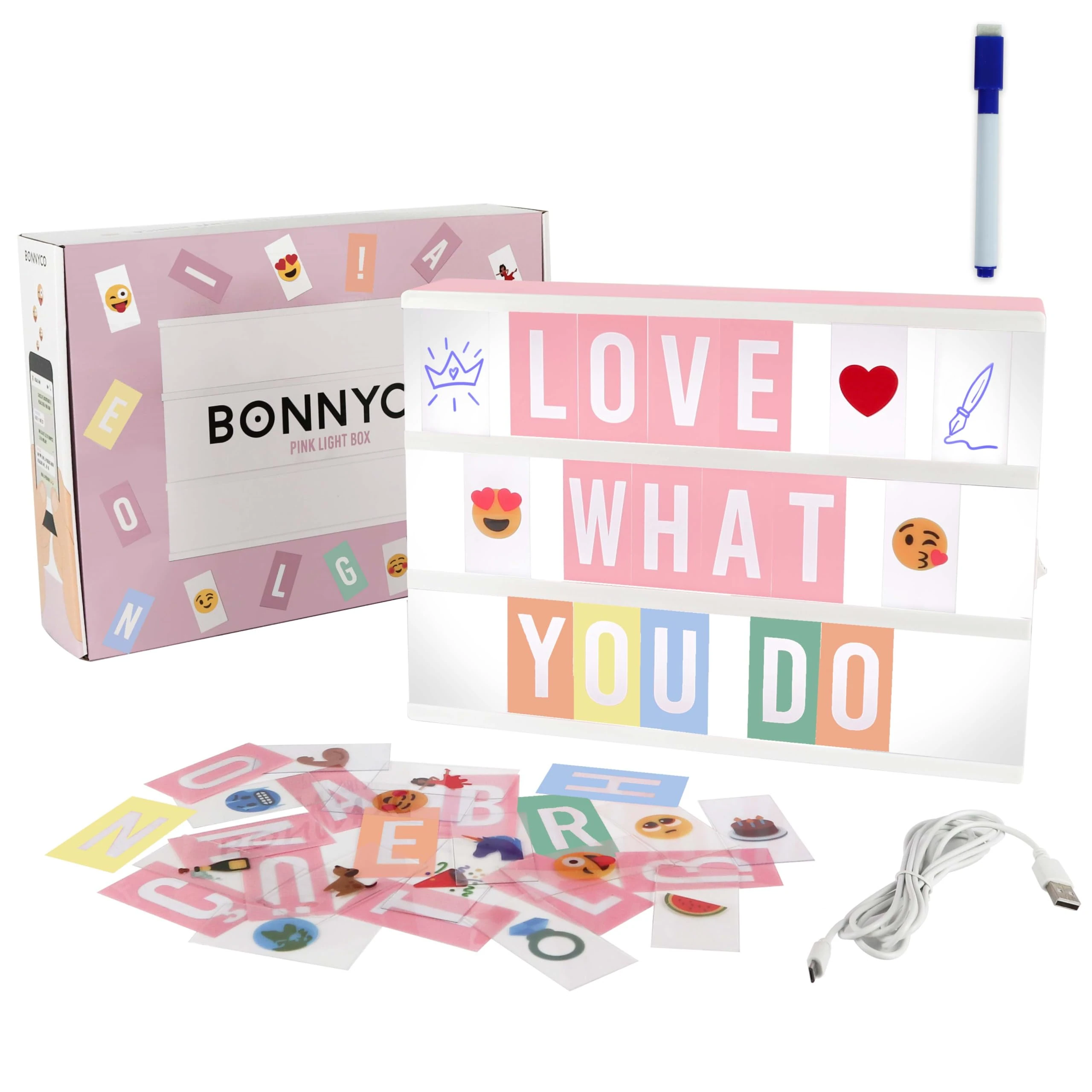 Pink Cinema Light Box with 400 Letters, Emojis & 1 Marker – BONNYCO | A4 Led Light Box Girl Room Decor, Home, Baby Shower | Letter Board Novelty Gifts for Women and Girls at Christmas, Birthdays