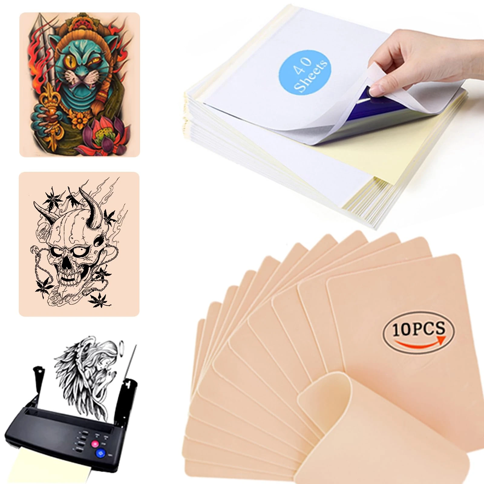 UPTATSUPPLY 10PCS Blank Tattoo Skin Practice and 40PCS Transfer Paper - 6''x8'' Double Sides Fake Tattooing Microblading for Beginners Experienced Artists(0.12CM Thick)