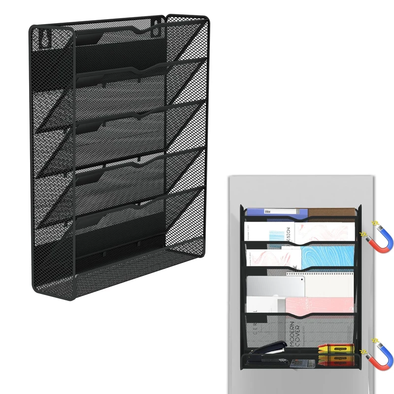 Ounyoizs 6-Tier Magnetic File Holder, Large Capacity File Cabinet Organizer, No-Drill Mount Hanging Magnetic Paper Holder for File Cabinets, Office, Whiteboard, Magnetic Mail Holder