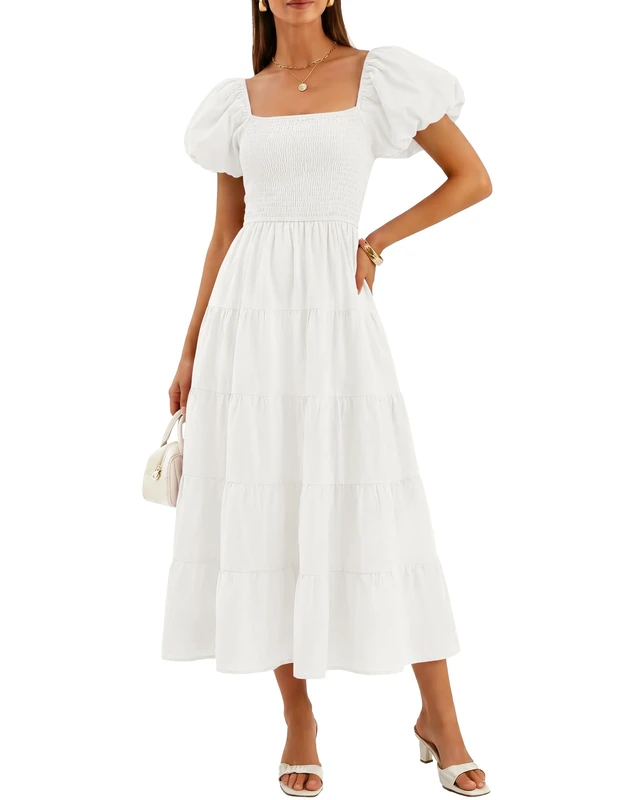 ZESICA Women's 2025 Summer Square Neck Short Puff Sleeve Solid Color High Waist Casual Smocked Flowy A Line Tiered Midi Dress, White, XXL