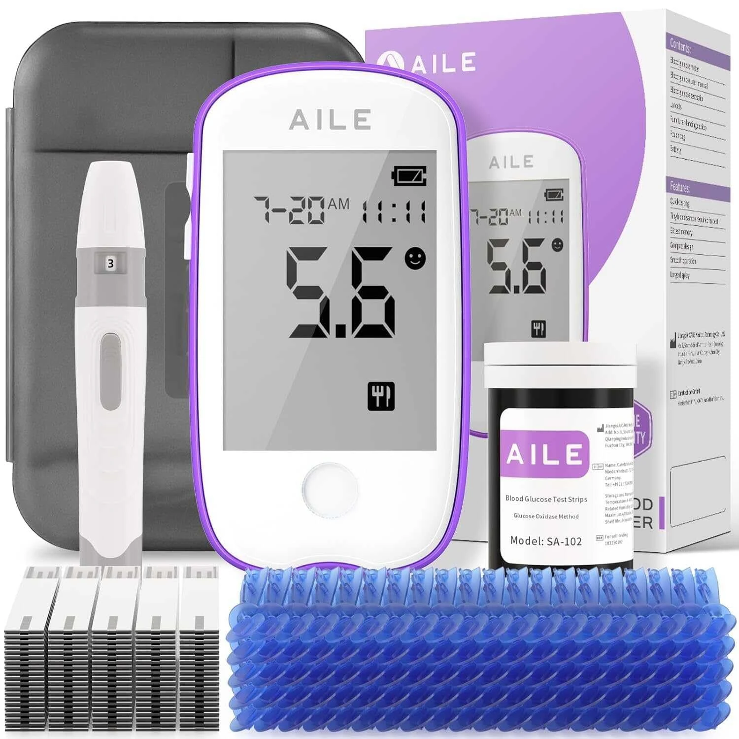 AILE Blood Glucose Test Kit for Diabetes: Blood Sugar monitor testing Kits Diabetics Meter For Home Use Test Strips x 50 and Low Pain Lancing Devices x 50 Testing Monitoring 5 Seconds Accurate Machine