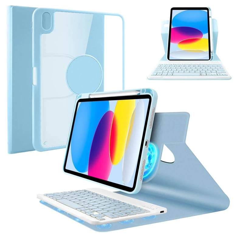 SOPPY Keyboard Case for iPad 11th Gen. (A13) 11-inch 2025, 10th Gen. 10.9-inch 2022, UK Layout, Slim Protective Cover, Magnetic Rotatable Detachable Keyboard, with Pencil Holder - Blue