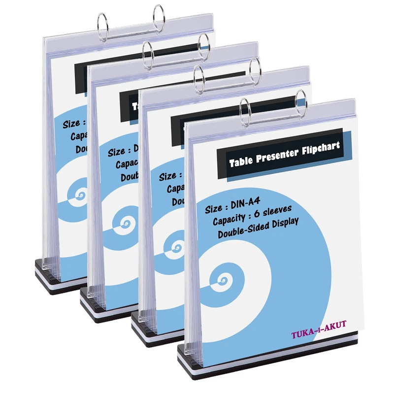 TUKA-i-AKUT 4pcs Table Flipchart A4 Portrait Presenter with Base, Acrylic T Form Tabletop Flip Chart, Menu Holder Sign Poster Holder with 6 Transparent Sleeves Double-Sided Display, TKD8210-A4-4x