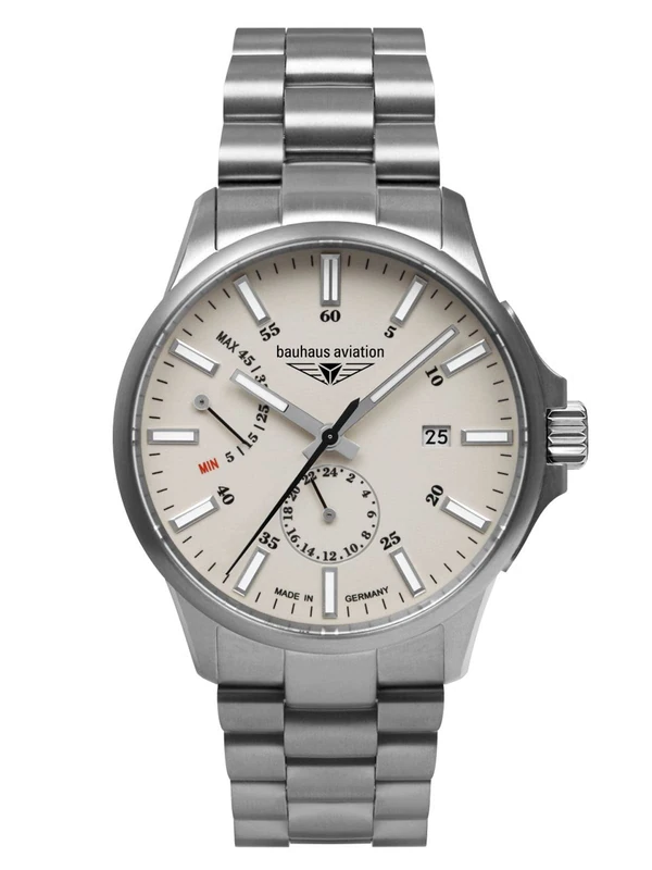 Bauhaus Aviation Men's Watch with Leather Strap or Titanium Band Automatic Titanium Case 10 ATM Power Reserve 24 Hours Sapphire Crystal Date 2860, Beige, Bracelet