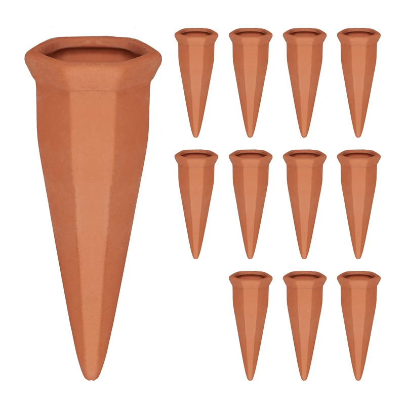 Relaxdays 12x Plant Water Dispenser, Automatic, Irrigation, Holiday, Help, Vacation, Garden, Cone, Ceramic, Terracotta