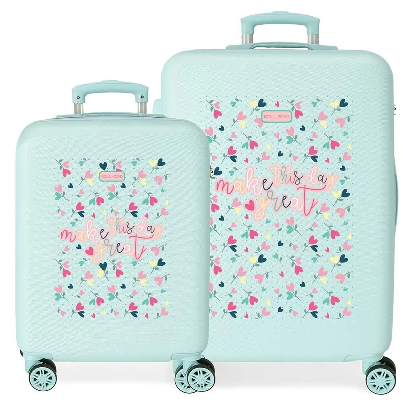 ROLL ROAD Queen of Hearts Suitcase Set Blue 55/65 cm Hard ABS Side Combination Lock 56L 6kg 4 Wheels Hand Luggage, Blue, One Size, Suitcase Set - Image 1