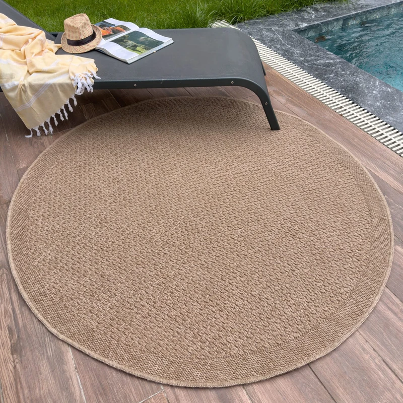 THE RUGS Nature Collection Outdoor Rug – Indoor/Outdoor Tona Border Area Rug for Patio, Deck, Garden, Kitchen, Bathroom or Living Room (Solid Effect-Neutral, 160 cm Round)