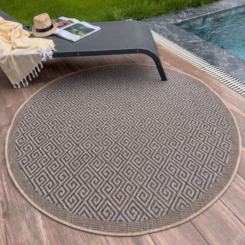 THE RUGS Nature Collection Outdoor Rug – Indoor/Outdoor Tona Border Area Rug for Patio, Deck, Garden, Kitchen, Bathroom or Living Room (Greek Key-Blue, 160 cm Round)